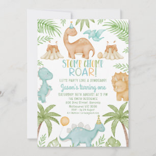 Blue Orange Stomp Chomp Roar Dinosaur Birthday Inbjudningar