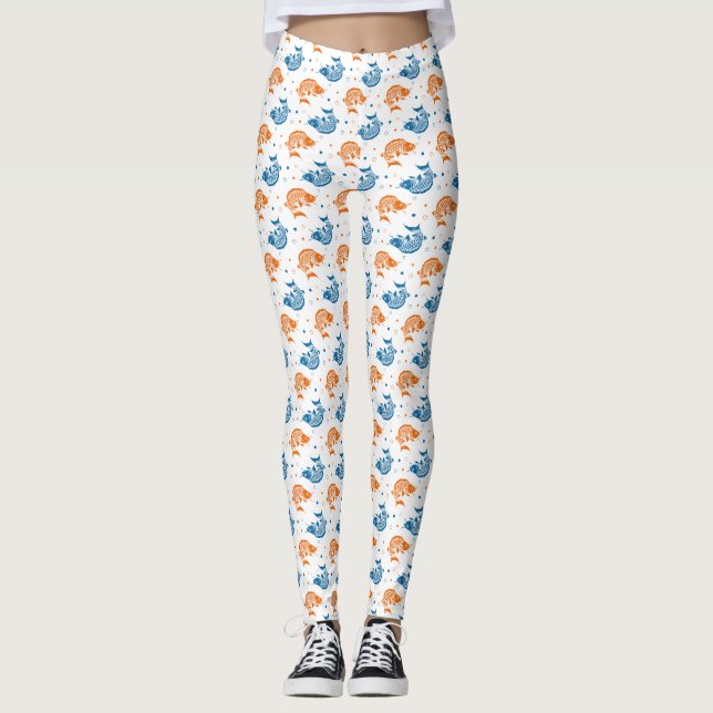 Blue Orange Summer Japansk koi Fish Leggings (Framsida)