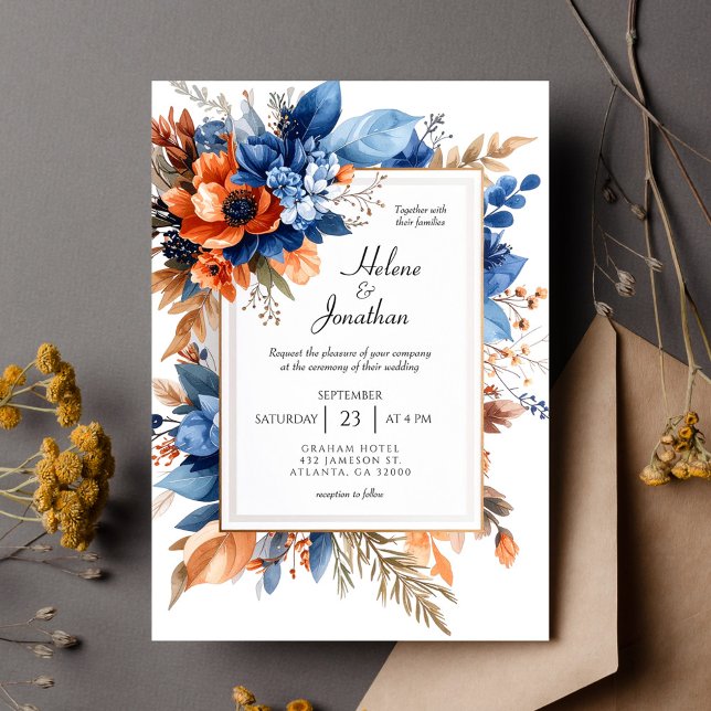 Blue Orange Terracotta Floral Boho Elegant Wedding Inbjudningar (Blue Orange Terracotta Floral Boho Elegant Wedding Invitation)