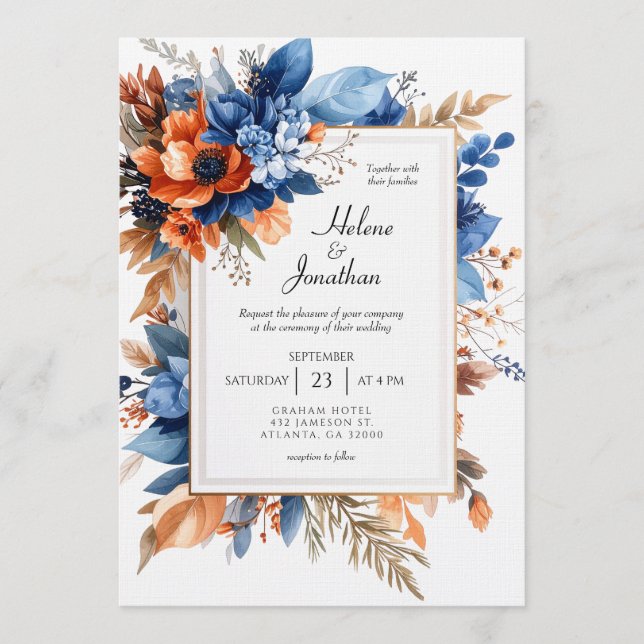 Blue Orange Terracotta Floral Boho Elegant Wedding Inbjudningar (Framsida)