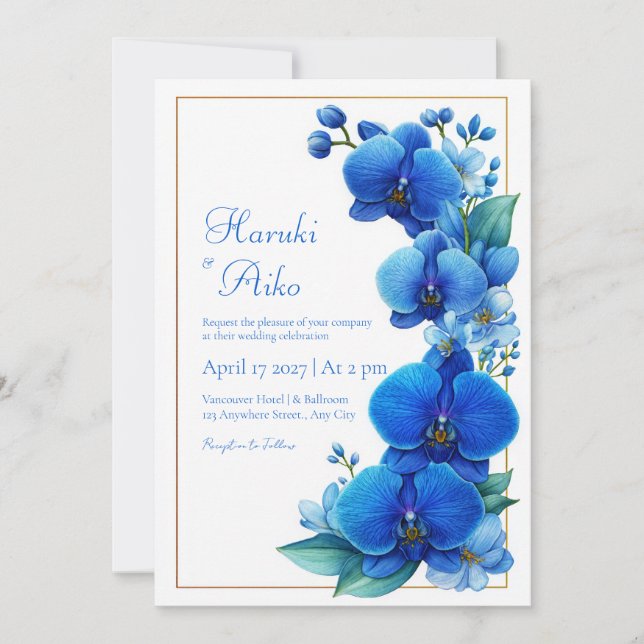 Blue Orchid Gold Geometric Wedding Inbjudningar (Framsida)