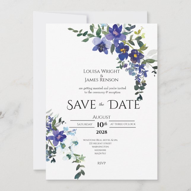 Blue Orchid Save the Date Wedding Invitation Inbjudningar (Framsida)