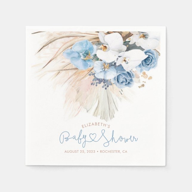 Blue Orchids och Pampas Grass Elegant Boho Pappersservett (Framsidan)