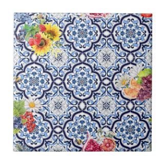 Blue Ornate Blommigt Fruktig Berries Sicilian Tile Kakelplatta