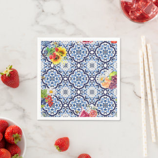Blue Ornate Blommigt Fruktig Berries Sicilian Tile Pappersservett