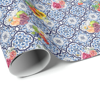 Blue Ornate Blommigt Fruktig Berries Sicilian Tile Presentpapper
