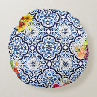 Blue Ornate Blommigt Fruktig Berries Sicilian Tile Rund Kudde