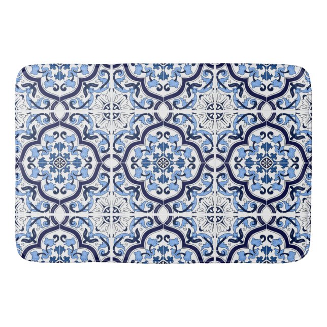  Blue Ornate Blommigt Mediterranean Sicilian Tile  Badrumsmatta (Framsidan)