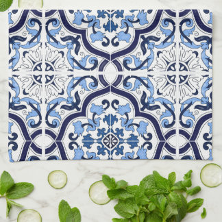  Blue Ornate Blommigt Mediterranean Sicilian Tile  Kökshandduk