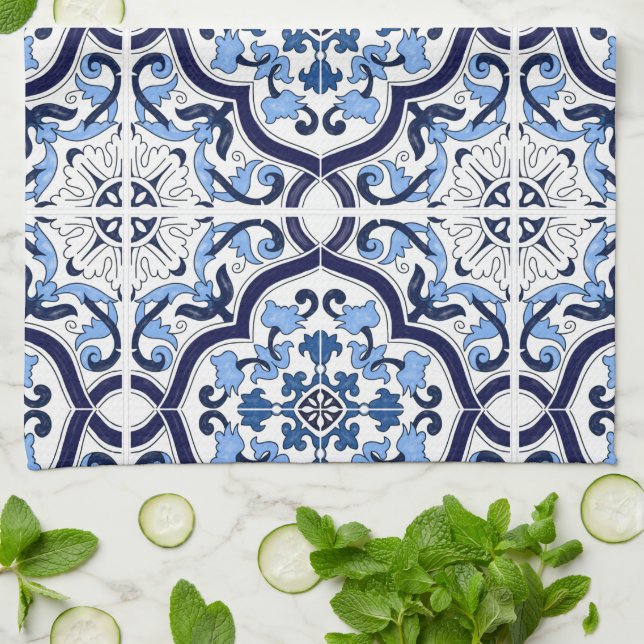  Blue Ornate Blommigt Mediterranean Sicilian Tile  Kökshandduk (Vikta)