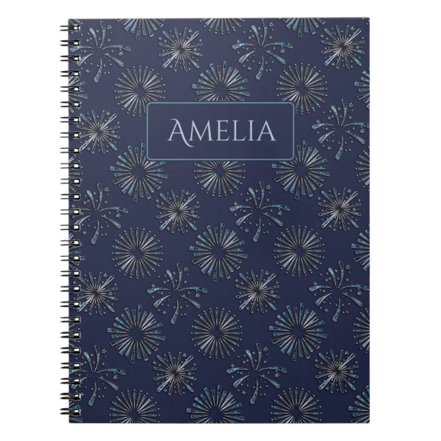 Blue Ornate Firework Pattern Personalised Elegant Anteckningsbok (Framsidan)