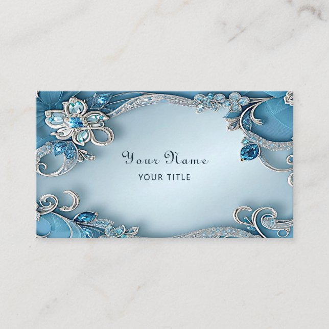 Blue Ornate Floral Business Card Visitkort (Framsida)
