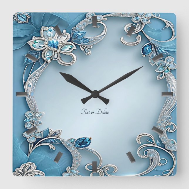 Blue Ornate Floral Wall Clock Fyrkantig Klocka (Framsida)