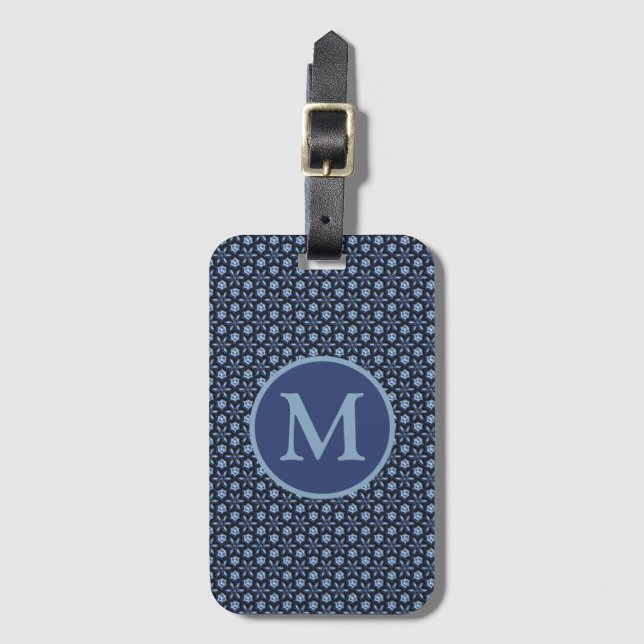 Blue Ornate Mönster Monogram Bagagebricka (Framsida vertikal)