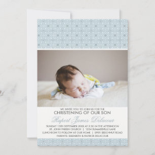 Blue Ornate Mönster Photo Christening-inbjudan Inbjudningar