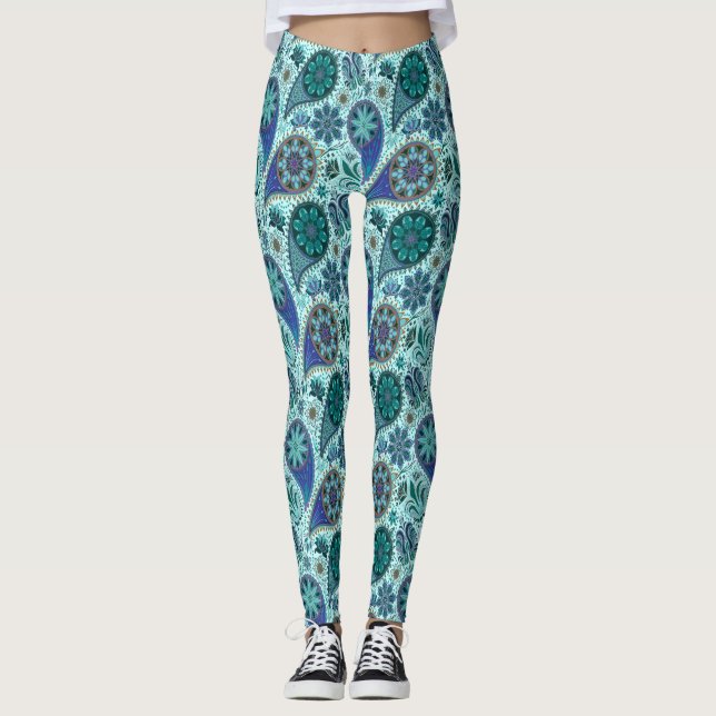 Blue Ornate Paisley Pattern Leggings (Framsida)