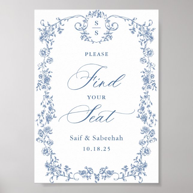 Blue Ornate Victorian Grace Find Your Seat Sign Poster (Framsidan)