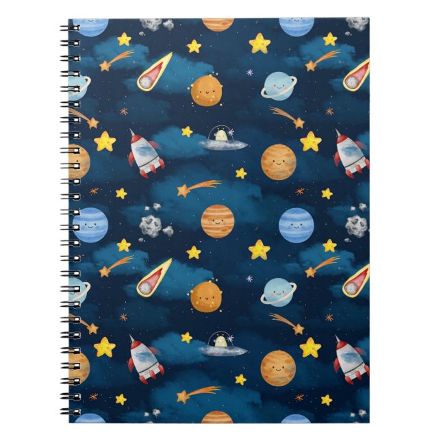 Blue Outer Space Planets Seamless Pattern Anteckningsbok (Framsidan)