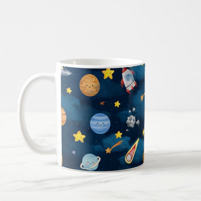  Blue Outer Space Planets Seamless Pattern Kaffemugg (Vänster)