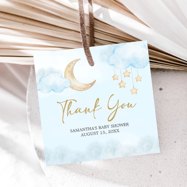 Blue Over the Moon Baby Shower  Gåvor Etiketter (Over the Moon Baby Shower Favor Tags)
