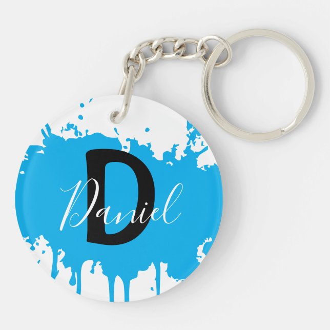Blue Paint Splash Monogram Keychain Personalized (Baksidan)