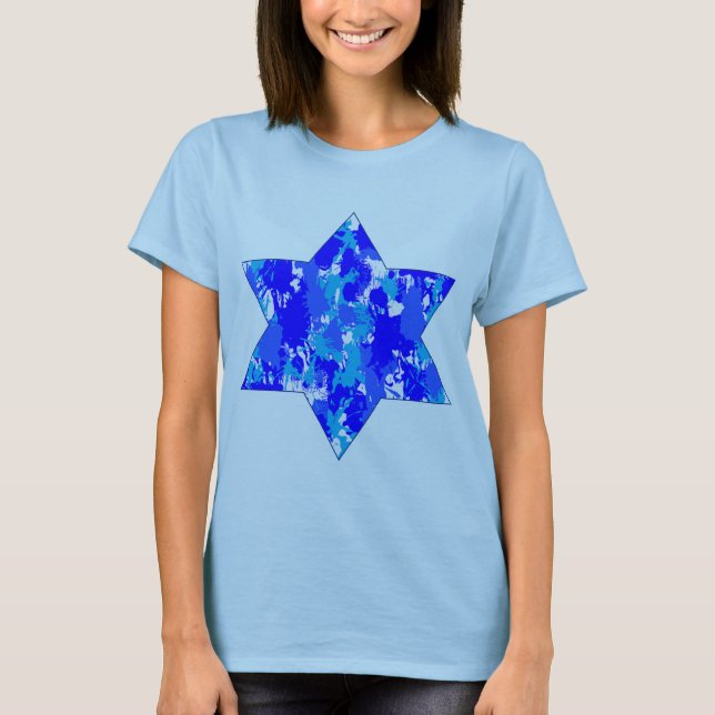 Blue Paint Splatter Jewish Star Tee Shirt (Framsida)