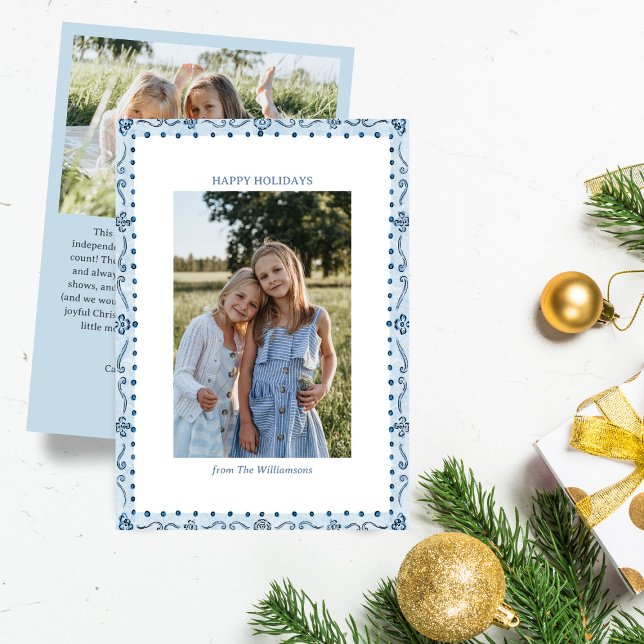 Blue Painted Folk Floral Border Christmas Photo Julkort (Skapare uppladdad)