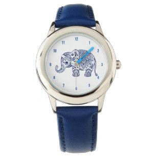 Blue Paisley Blommigt Elephant Illustration Armbandsur