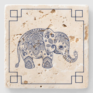 Blue Paisley Elephant Illustration Underlägg Sten
