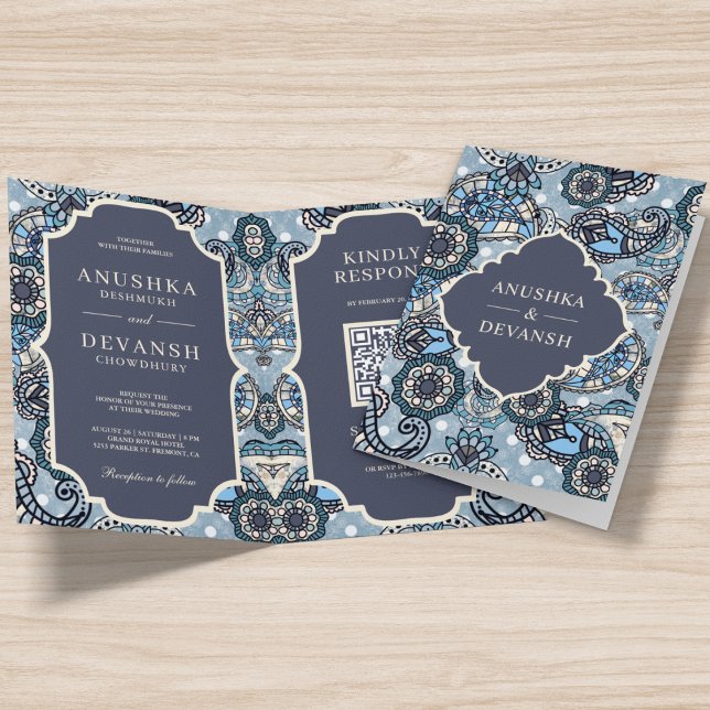 Blue Paisley Mönster QR-kod Indiska Bröllop Inbjudan (Skapare uppladdad)