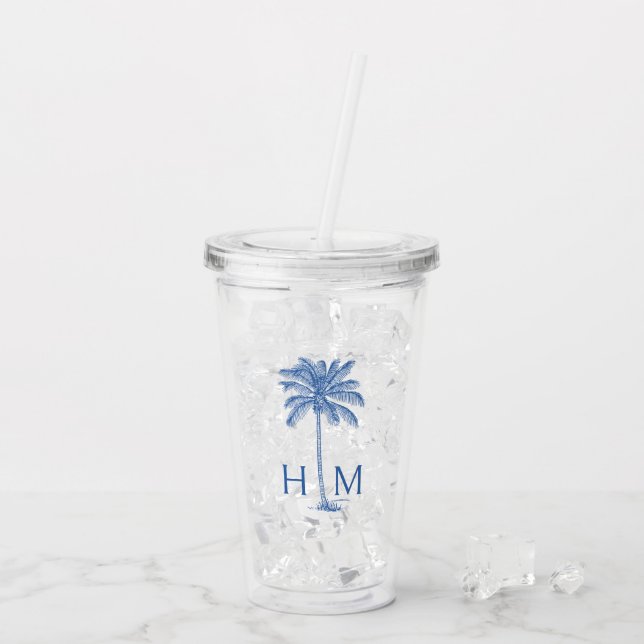 Blue Palmetto Handflatan Träd Monogram Take Away Mugg (Baksida Ice)