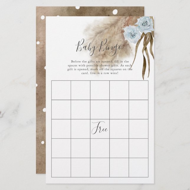 Blue Pampas Grass Baby Shower Bingo Game (Fram/baksida)