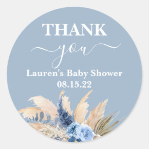 Blue Pampas Grass Baby Shower Round Sticker Runt Klistermärke