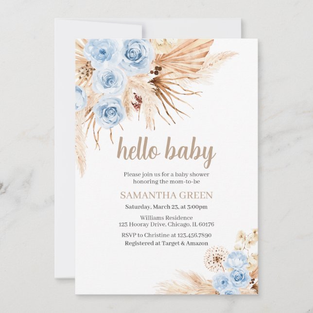 Blue Pampas Grass Boho Baby Shower Inbjudningar (Framsida)