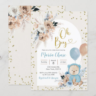 Blue Pampas Grass Boho Bear Boy Shower Inbjudningar