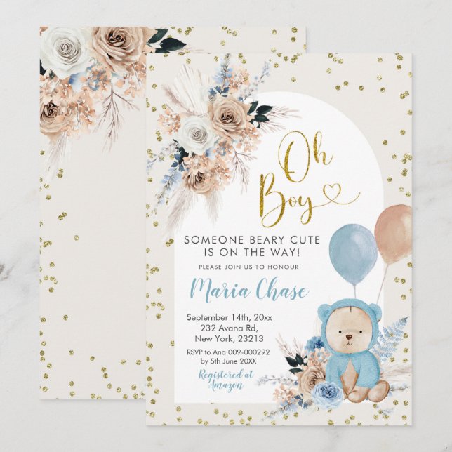 Blue Pampas Grass Boho Bear Boy Shower Invita Inbjudningar (Fram/baksida)