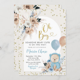 Blue Pampas Grass Boho Bear Boy Shower Invita Inbjudningar