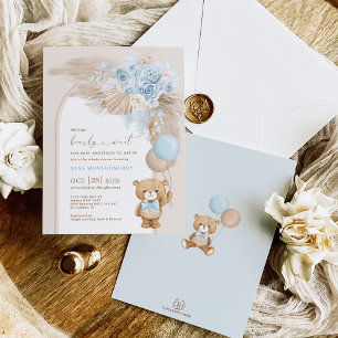 Blue Pampas Nalle Balloon Boy Shower Inbjudningar