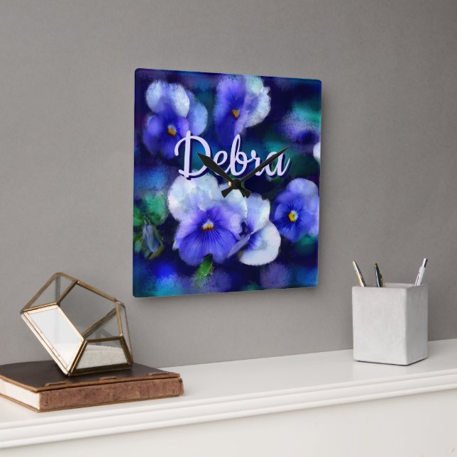Blue Pansies Pansy Flower Floral Personalized Fyrkantig Klocka (Kontor)