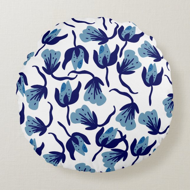 Blue Pansy-Blommigt: Handritad sömlös. Rund Kudde (Framsidan)