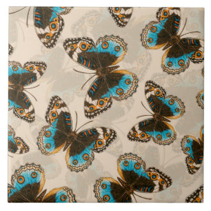 Blue Pansy Butterfly mönster på benvit Kakelplatta