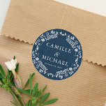 Blue Papel Picado Wedding Favor Runt Klistermärke<br><div class="desc">Fullborda dina favoriter med den här Blue Papel Picado Bröllop Sticker! Med traditionella formgivningar och blåtoner i riken är det perfektens elegant för din speciella dag. Cava Party Design</div>