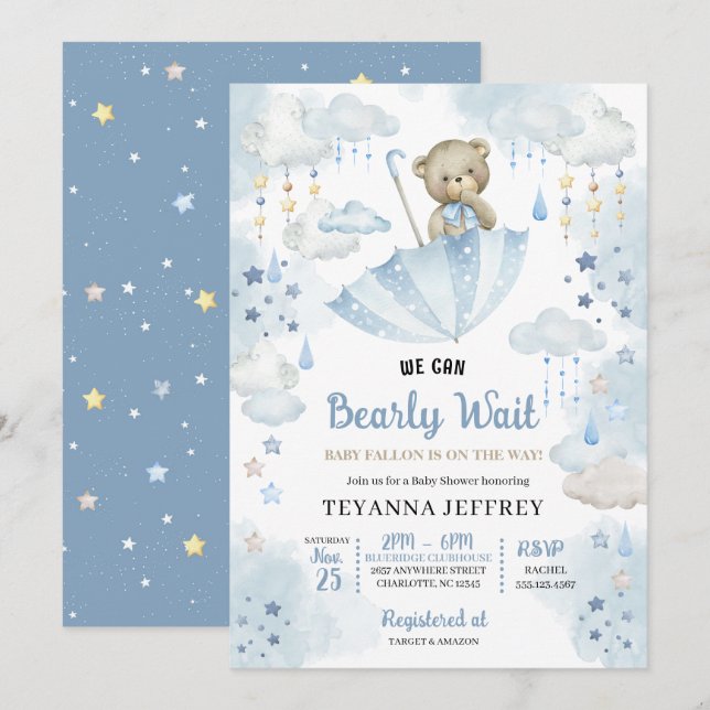 Blue Parbrella Nalle Baby Sprinkle Baby Shower Inbjudningar (Fram/baksida)