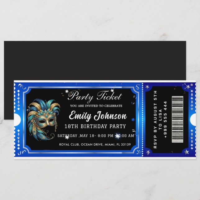  blue party ticket invitations  inbjudningar (Fram/baksida)