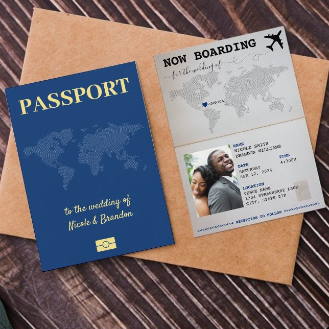 Blue Passport Jamaica Destination Wedding Inbjudningar (Blue Passport Jamaica Destination Wedding Invitation)