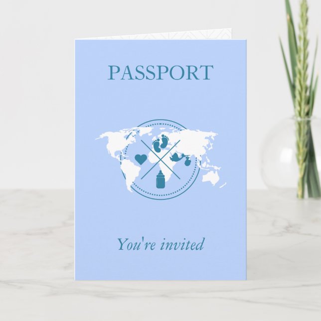 Blue Passport Travel Boy Shower World Map Inbjudan (Framsida)
