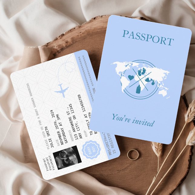 Blue Passport Travel Boy Shower World Map Inbjudningar (Passport Baby Shower Invitation Baby Boy Blue Ultrasound Photo Aesthetic Travel Adventure Beigins)
