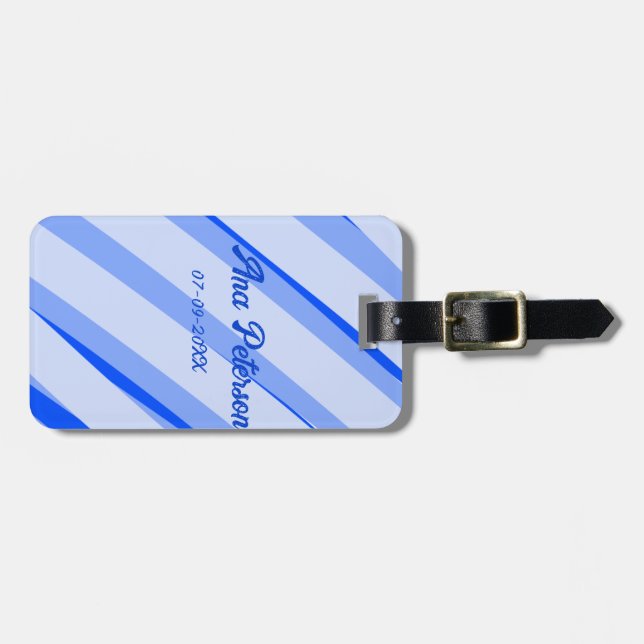 Blue pastel add name date boho retro lines pattern bagagebricka (Horisontell Framsida)