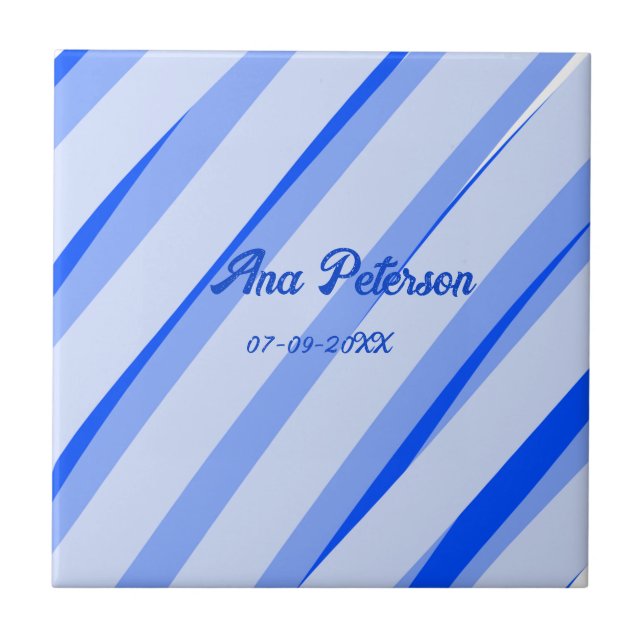 Blue pastel add name date boho retro lines pattern kakelplatta (Framsidan)