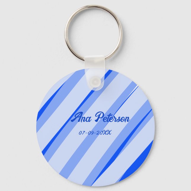 Blue pastel add name date boho retro lines pattern nyckelring (Framsida)